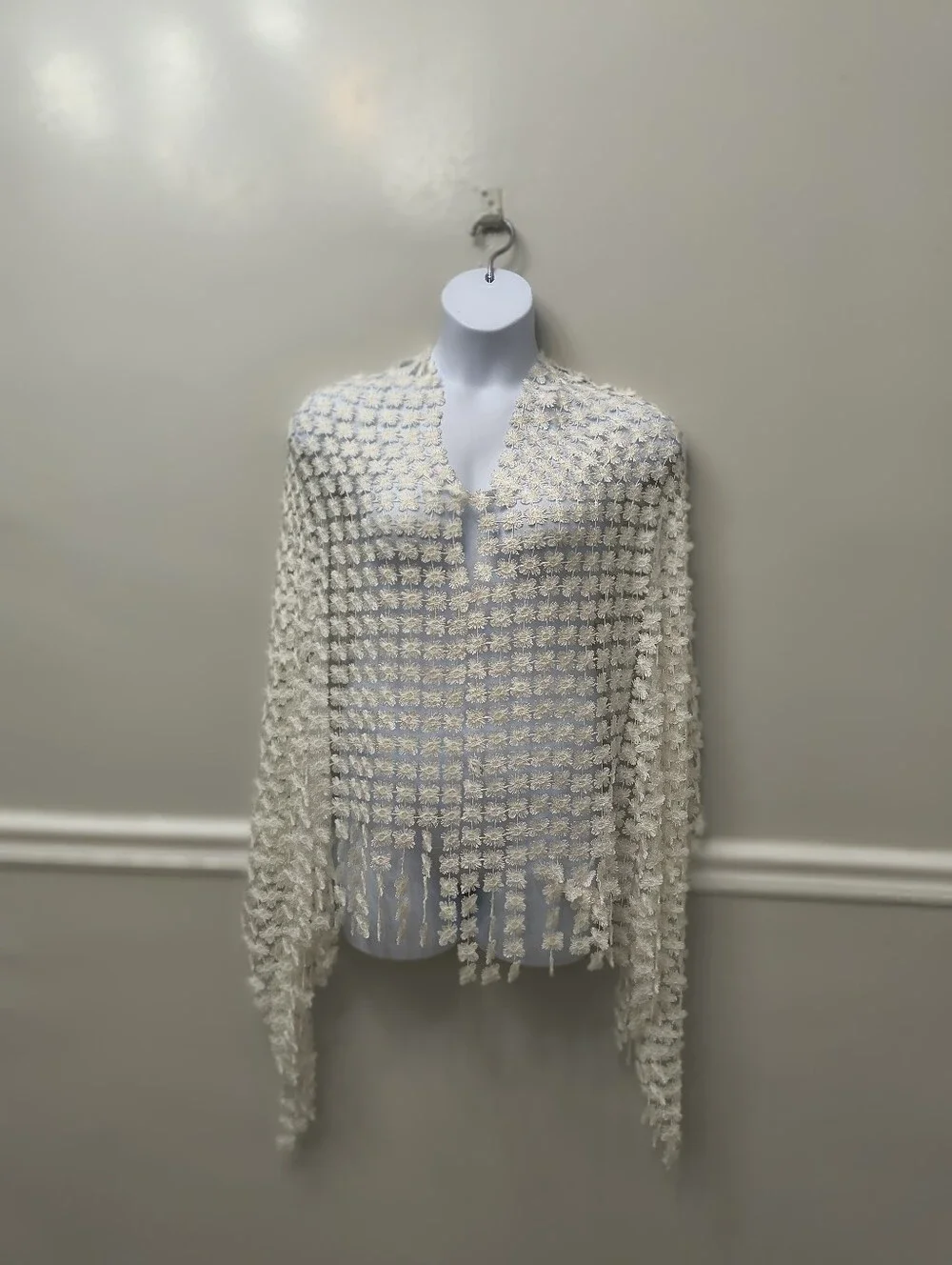 Floral Lace Open Front Embroidered Shawl Fringe Wrap White/Off White Mother